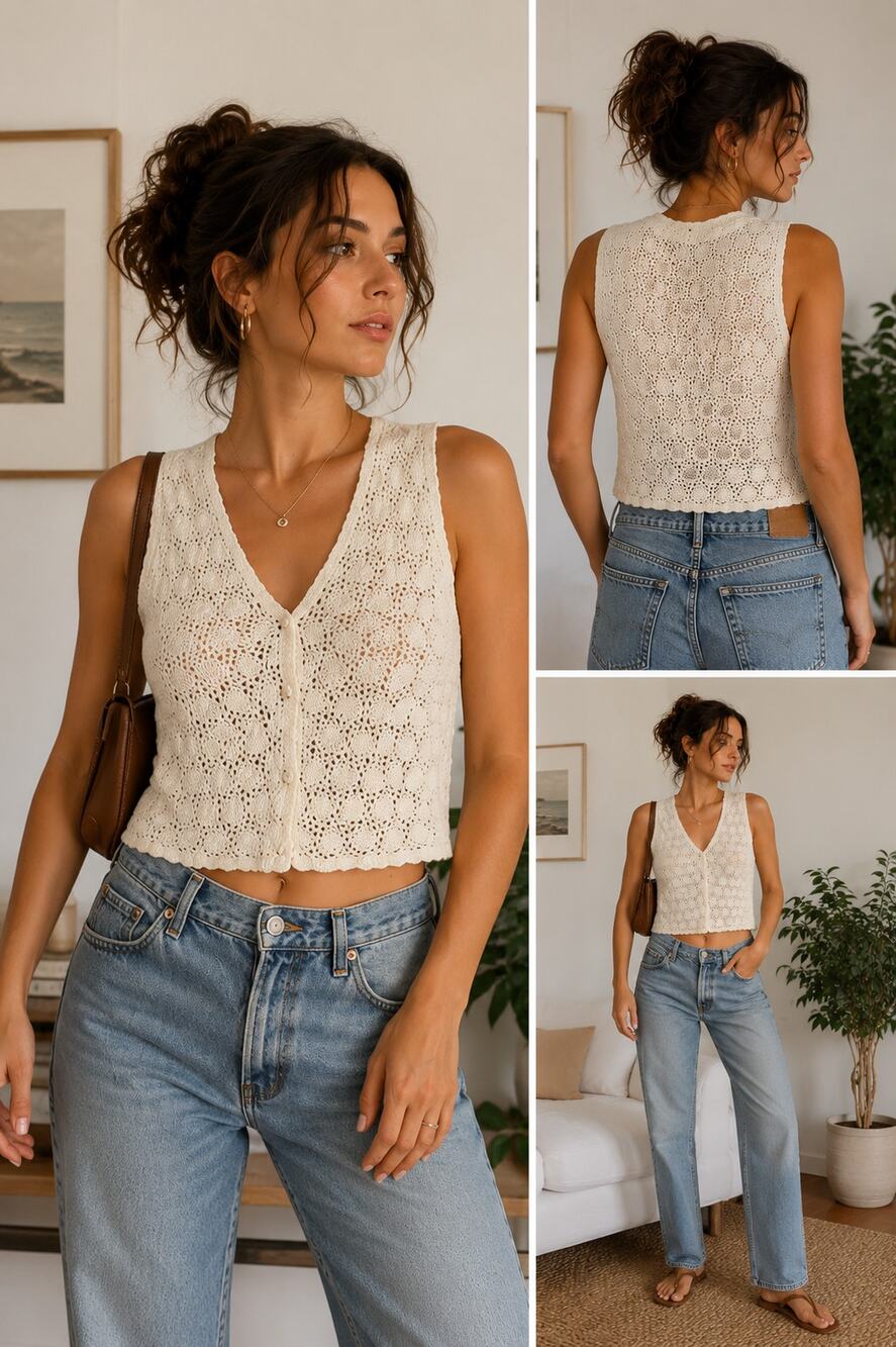 Tally-Ho Women’s L Boho Crochet Knit Vest White Button Ramie Cotton Vintage